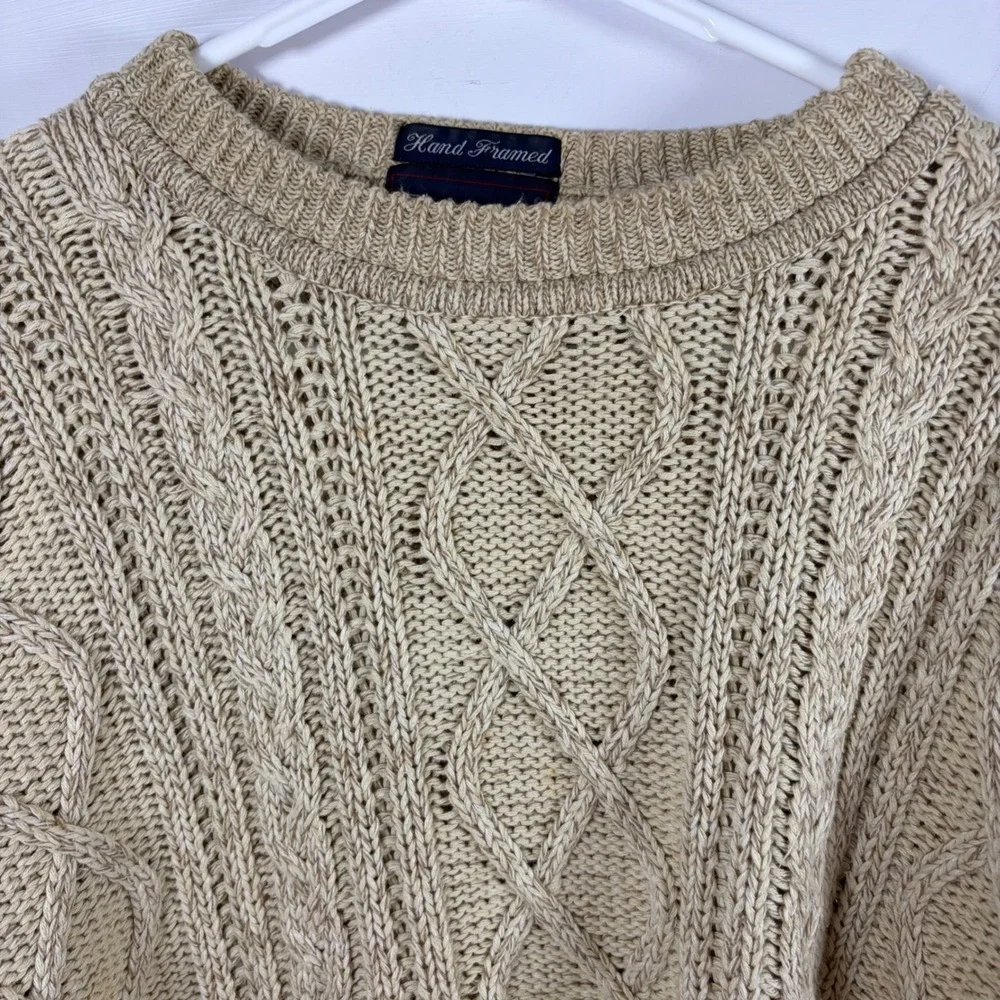 Vintage Gant Sweater Hand Framed Beige Tan Cable Knit Cotton Men L Y2K Fisherman